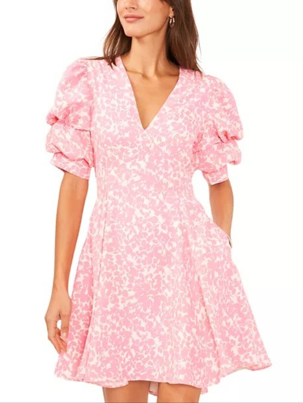 1.STATE Bubble Sleeve V Neck Mini Dress Large Pink White Floral Puff Sleeve